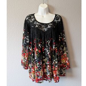 Suzanne Betro Black Floral Lace Yoke Tunic with Red, Green and Cream Accents 3X